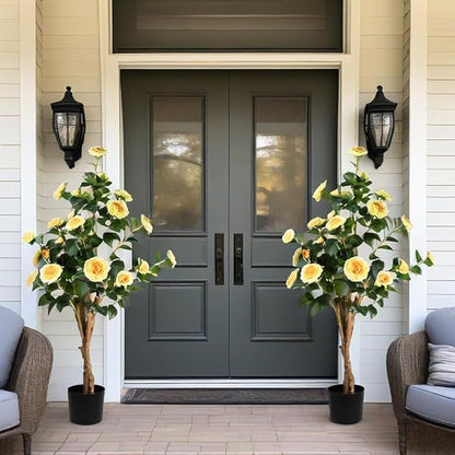 2pc 4ft Decorative Artificial Camellia Tree with Yellow Flowers, Potted Faux Floral Plant, Realistic Blooming Fake Plants for Indoor Outdoor Home Front Door Planter Decor