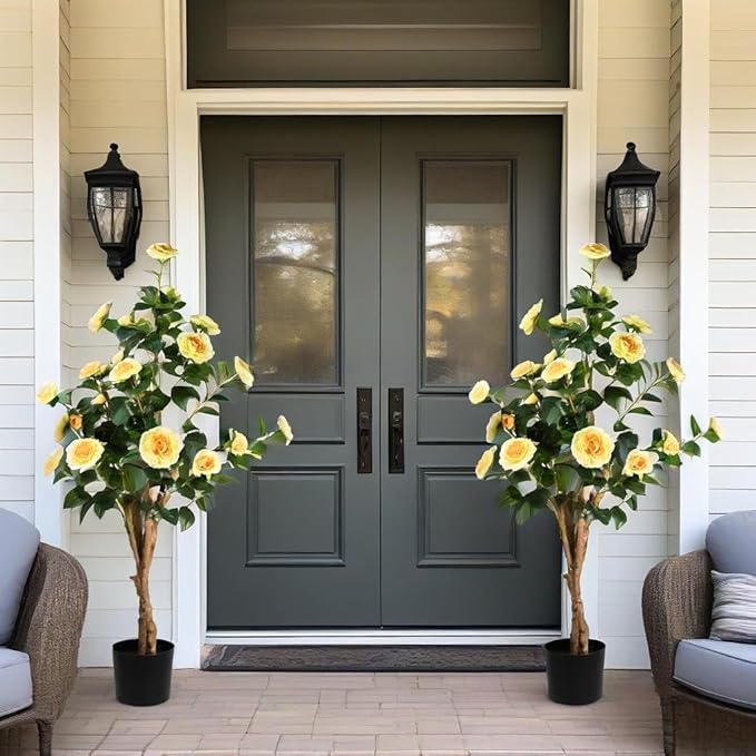 4ft Decorative Artificial Camellia Tree with Yellow Flowers, Potted Faux Floral Plant, Realistic Blooming Fake Plants for Indoor Outdoor Home Front Door Planter Decor