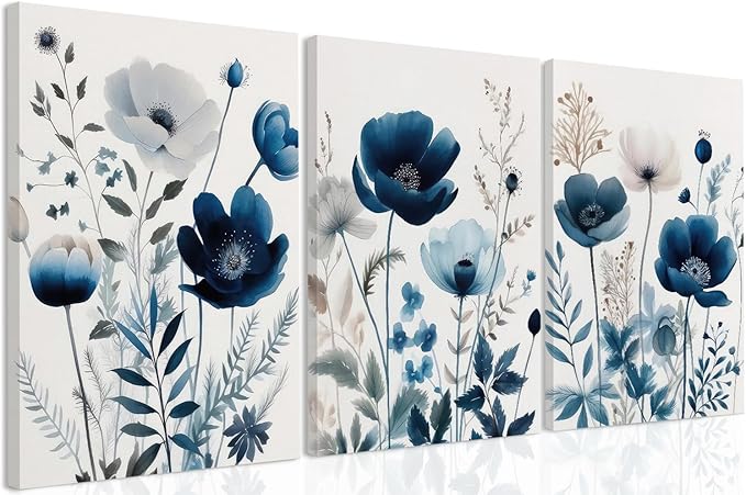 DUWQU 3 Pcs Blue Floral Canvas Wall Art, Elegant Navy Blue Wildflower Lily Daisy Wall Decor, Watercolor Botanical Flower Home Poster Art Prints for Living Room Bedroom Bathroom 12×16 Inches