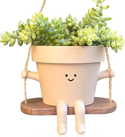 Swing Face Planter Pot Hanging Cute Flower Head Planters - Unique Sitting Sway Pots Indoor Outdoor Plants Succulent Pot String of Pearls Plant Live Resin Flower Pots Gift Ideals for Mother, Christmas