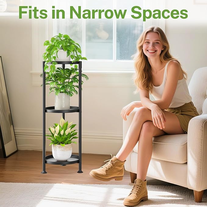 iDavosic.ly 3 Tier Plant Stand Indoor with 10 Inch Wide Tray, Vertical Corner Metal Outdoor Flower Display Holder Shelf, Folding Tall Rack for Patio Porch Living Room, Modern Black
