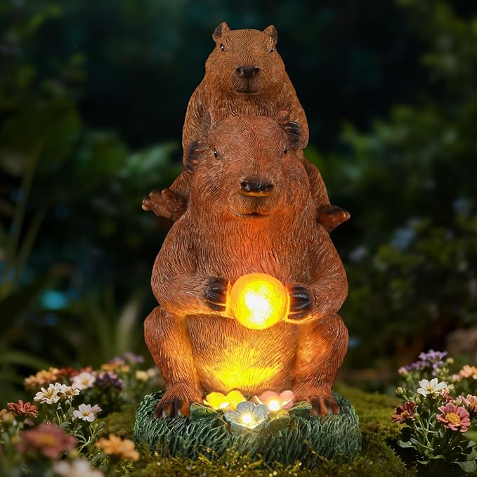 Capybara Solar Garden Statue – Funny Outdoor Resin Animal Decor – Weatherproof Yard Lawn Ornament with LED Light Figurine for Patio, Porch, Landscape Housewarming