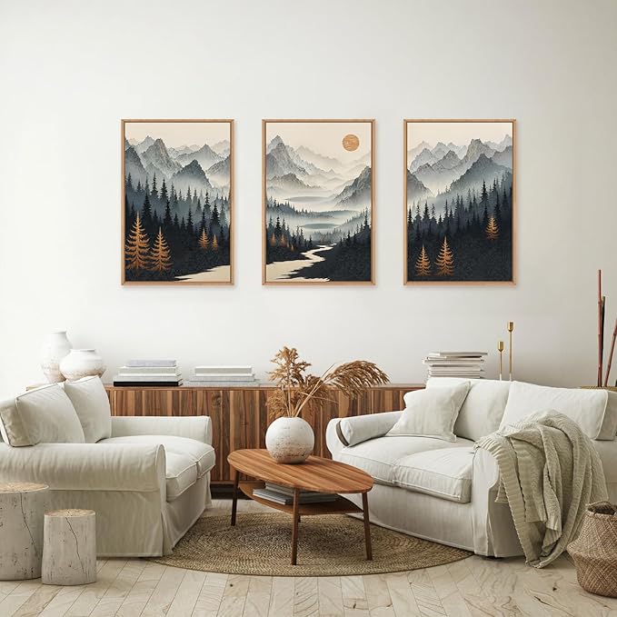 Ausril Watercolor Mountain Forest Framed Canvas Wall Art Set, Wood Foggy Lake Wall Decor, Misty Pine Tree Wall Painting, Neutral Nature Landscape Art Print for Living Room, Bedroom, Office - 16"X24"X3