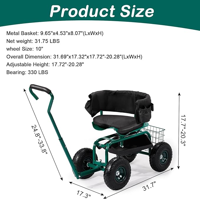 Outvita Rolling Garden Seat with Wheels, Gardening Stool with Height Adjustable 360 Degree Swivel Seat, Ergonomic Backrest, Tool Tray & Storage Basket, Outdoor Gardening Scooter Cart for Patio, Green