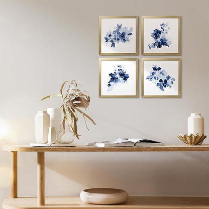 ArtbyHannah Framed Bathroom Wall Decor, Navy Blue Wall Art with Gold Frame and Watercolor Floral Prints Pictures for Kitchen Bedroom Home Decorations (4 Pack, 10x10 Inch)