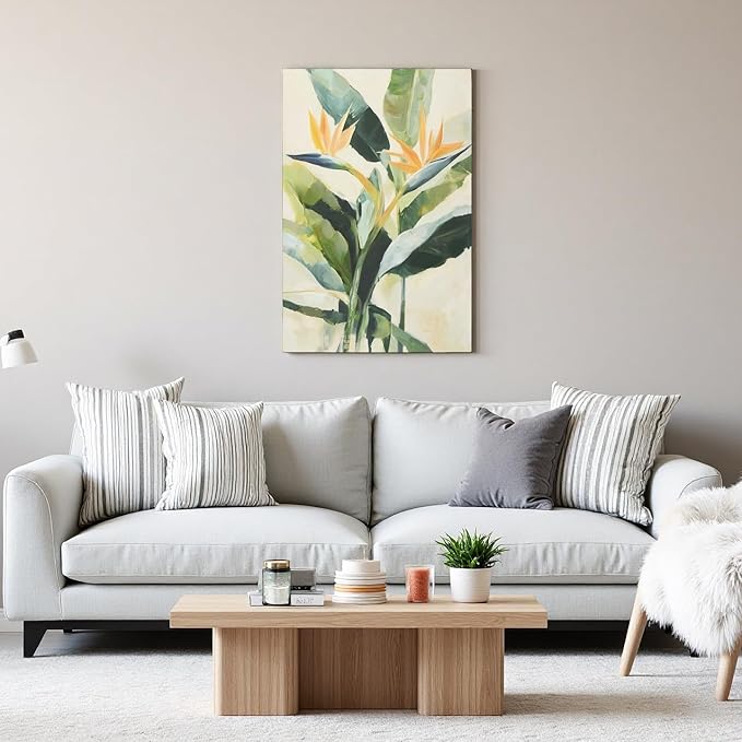 JolyWell Hand-paintd Botanical Canvas Wall Art Watercolor Green Leaf Tropical Plant Art Prints Boho Decor Bird of Paradise Flowers Leaf Wall Painting for Living Room Bedroom 24 x 36 IN