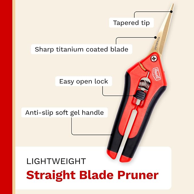 The Harvest Company Low Profile Straight Titanium Pruner, 6.5 Inch Garden Shears, Titanium Blade, Precision Gardening Scissors with Soft Gel Handle