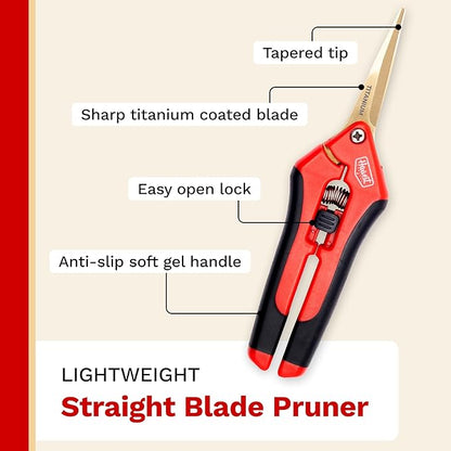 The Harvest Company Low Profile Straight Titanium Pruner, 6.5 Inch Garden Shears, Titanium Blade, Precision Gardening Scissors with Soft Gel Handle