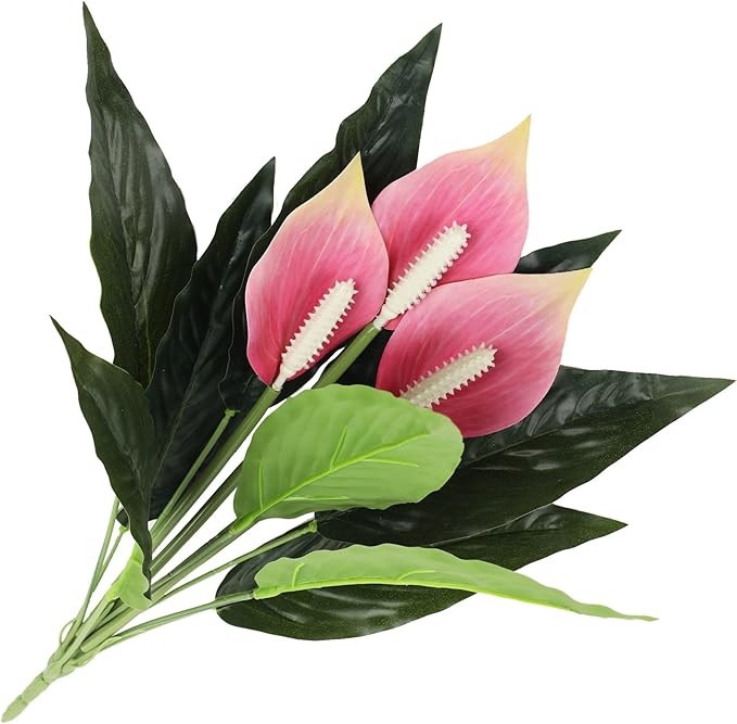 2-Pack Spathiphyllum Artificial Plants, Artificial Anthurium Plant with 3 Blooms Pink Flowers and Green Leaves, Tropical Floral Arrangement for Indoor Outdoor Decoration