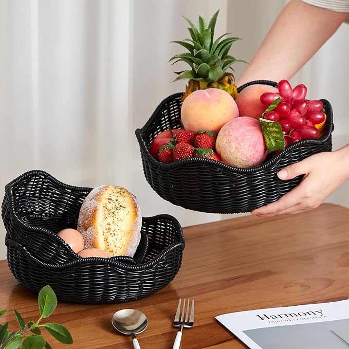3 Pcs Wicker Bread Basket Plastic Rattan Woven Bread Baskets for Serving Rattan Fruit Bowl Kitchen Restaurant Counter Organizing (11.4'',10.3'',8.7'')