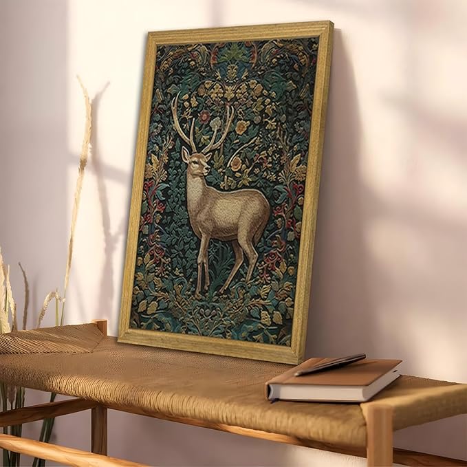 SAMHOU Framed 3D Textured Deer Wall Art, Reindeer Deer Hand Drawn Sandstone Wall Decor, Vintage Christmas Wall Art Decor for Bathroom Living Room Bedroom Holiday Gift 16x24 inch