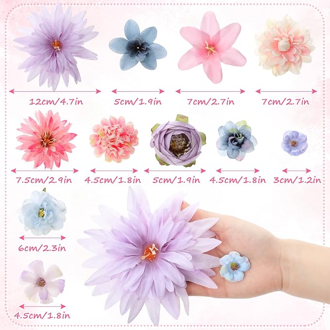 80 Pcs Assorted Fake Flower Heads Mini Artificial Flower Heads Bulk Silk Faux Daisy for Crafts Fake Peony Rose for Wedding Party Wreath Home Decoration(Blue, Purple, Pink)