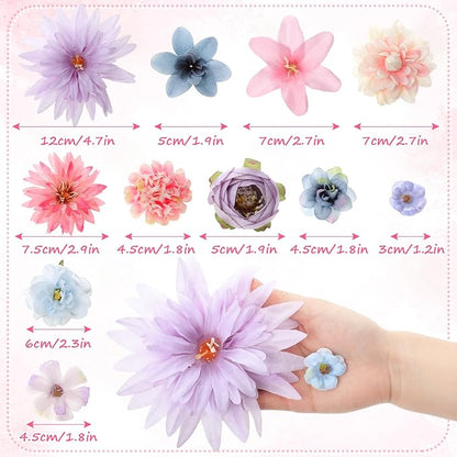 80 Pcs Assorted Fake Flower Heads Mini Artificial Flower Heads Bulk Silk Faux Daisy for Crafts Fake Peony Rose for Wedding Party Wreath Home Decoration(Blue, Purple, Pink)