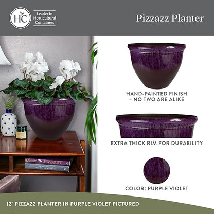 The HC Companies 12 Inch Pizzazz Round Planter Pots with Ceramic Look, Lightweight UV-Resistant Plastic Outdoor Planters, 2-Pack Flower Pots for Garden & Home Decor, Purple Violet