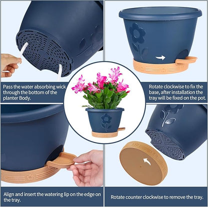 Plastic Plant Pots 10 Inch Set of 4, Self Watering Pots with Drainage Holes, Saucer & Reservoir, Flower Pots for Indoor/Outdoor Plants, Decorative Nursery Planting Pots (Blue)