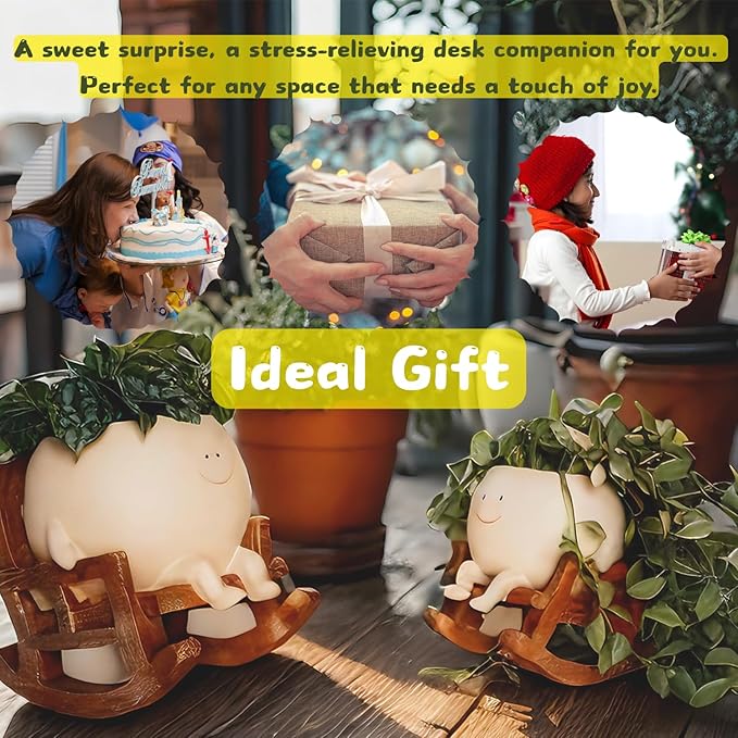 Cute Small Flower Pot for Succulents, Smiley Face Rocking Chair Planter Pots with Drainage Hole, Mini Desk Planter for Office Home Decoration to Relieve Stress, Gift for Child, Mom, Gardener