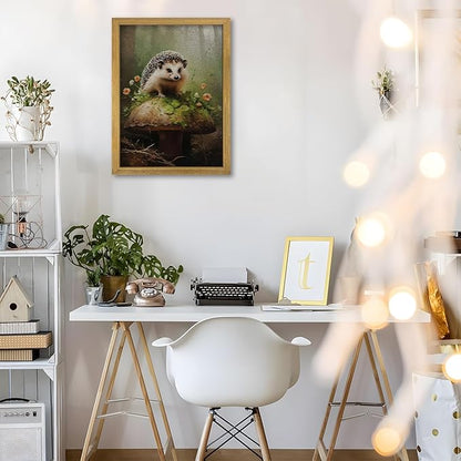 SAMHOU Framed Hedgehog Decor Painting, 3D Textured Hand Drawn Sandstone Wall Art, Vintage Rustic Woodland Cottagecore Wall Decor, Cute Animal Nursery Print Oil Paintings 12''x16''