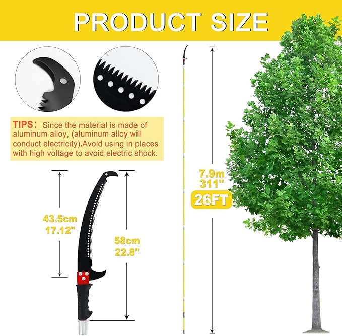 Manual pole saw,Tree Trimmer, Pole Pruning Saw, Pole Saws for Tree Trimming, Gardening Tools Pruner Hand Pole Saw For Yard(NO Scissor Head-Yellow 26FT)