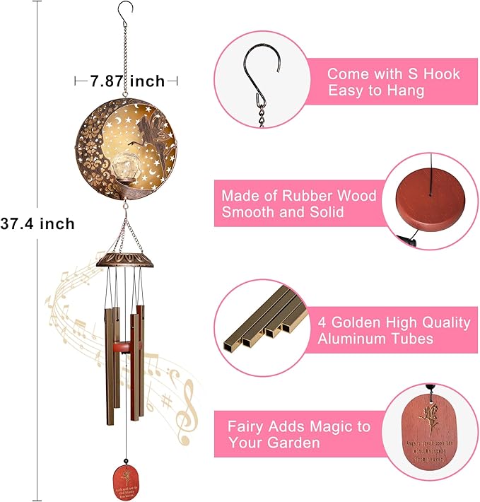 Tryme Solar Wind Chimes Outdoor Fairy Hanging Lights with 4 Aluminum Tubes, Moon Yard Decorations for Patio, Porch, Deck, Perfect Gardening Gifts for Women