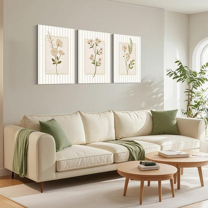 Framed Beige Wildflowers Canvas Wall Art Stripes Floral Poster Picture Simple Vintage Country Painting Nature Landscape Modern Home Print Living Room Gallery Office Ready to Hang 12x16 Inch x3