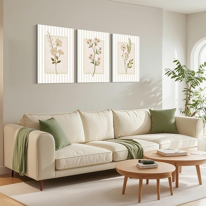 Framed Beige Wildflowers Canvas Wall Art Stripes Floral Poster Picture Simple Vintage Country Painting Nature Landscape Modern Home Print Living Room Gallery Office Ready to Hang 16x24 Inch x3