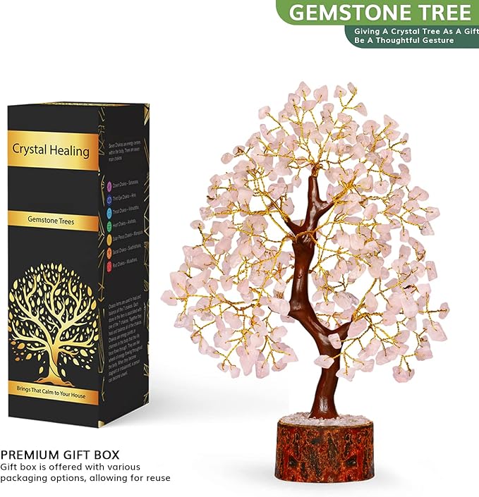 NARIBABU Rose Quartz Crystal Tree – 10-12 Inch Gemstone Tree with Golden Wire & Wooden Base – Healing Crystals Decor, Gifts for Her, Birthday Gift for Women, Spiritual Energy