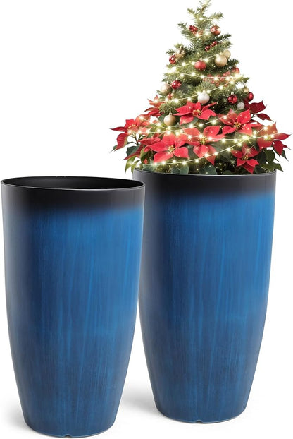 23.75" Round Tall Planters, 2-Pack Large Flower Pots for Indoor Outdoor Plants, UV-Protect PP Container for Garden Patio Yard Balcony Porch or Home Decor, Artistic Floating Cobalt Blue Glaze