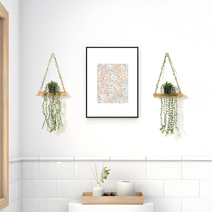 2 Pack Wooden Hanging Shelves with Artificial Eucalyptus Plants Wall Decor for Living Room, Bedroom, Bathroom - Fake Hanging Plant and Wood Wall Shelf Set for Boho Farmhouse Home Decor