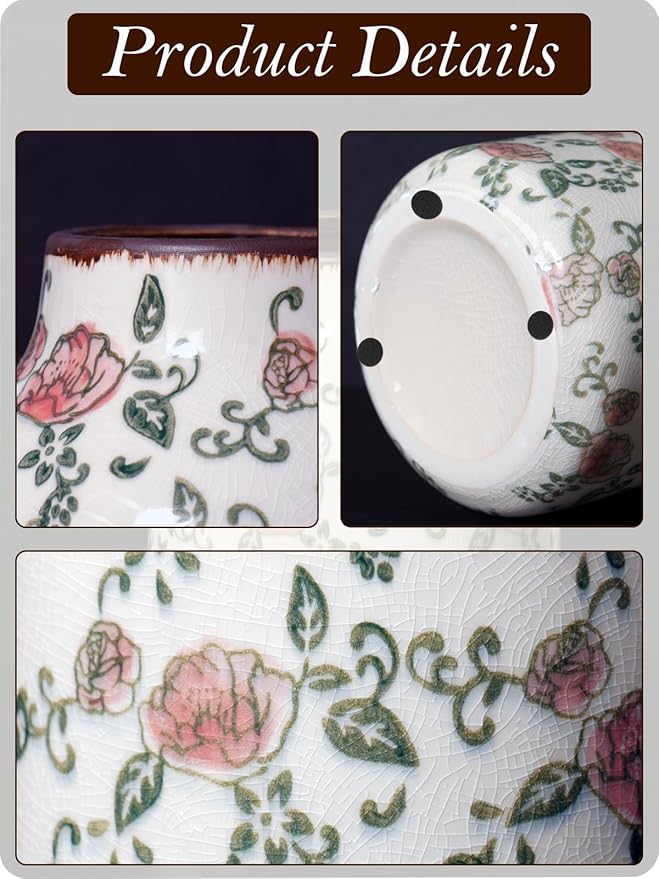 Vintage Ceramic Vase - 7.8 Inch Hand-Painted Roses with Ice Crackle Glaze Finish, American Farmhouse Style Pitcher Vase for Home Decor, Centerpiece, Shelf, Table, Office, Rustic Wedding Gift