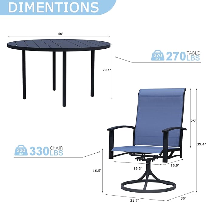 9 Piece Outdoor Dining Set, 60" Black Round Outdoor Dining Table with 8 Blue Swivel Patio Table and Chair Set of 8 for Lawn, Garden, or Porch