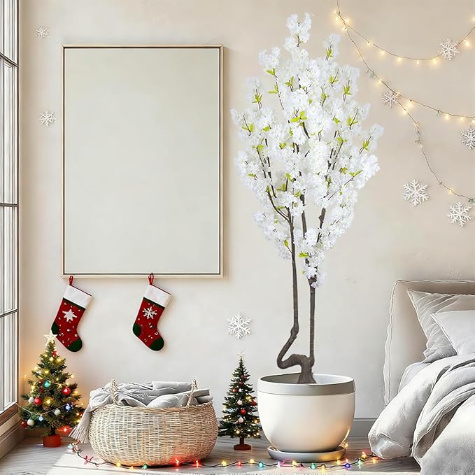 7.2 ft White Artificial Cherry Blossom Tree, Nearly Nature Faux Silk Flower Tree Indoor, Fake Realistic White Flowering Tree for Christmas New Year Home Decor