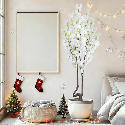 7.2 ft White Artificial Cherry Blossom Tree, Nearly Nature Faux Silk Flower Tree Indoor, Fake Realistic White Flowering Tree for Christmas New Year Home Decor