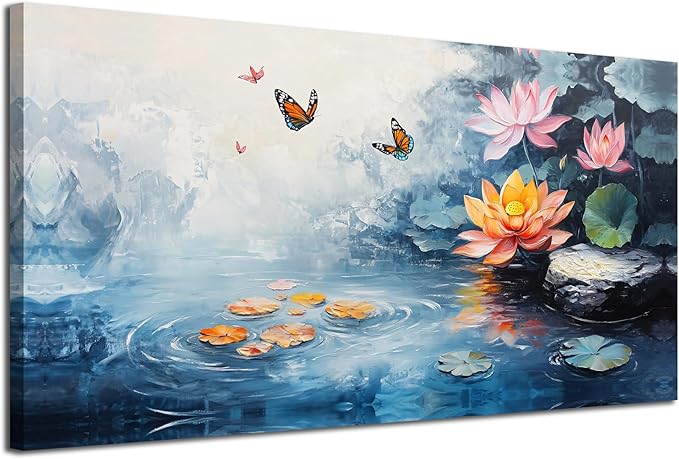 Enartly Lotus Canvas Wall Art for Living Room, Butterfly Floral Painting Zen Artwork Framed for Bedroom Hallway Spa Salon Yoga Picture Home Office Wall Decor, Large 40"x20"
