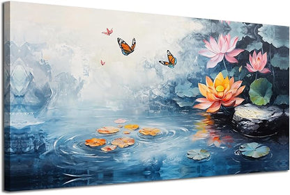 Enartly Lotus Canvas Wall Art for Living Room, Butterfly Floral Painting Zen Artwork Framed for Bedroom Hallway Spa Salon Yoga Picture Home Office Wall Decor, Large 40"x20"