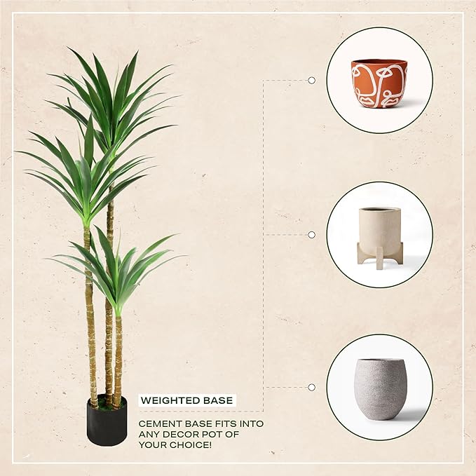 Hyper Realistic Dracaena 5ft Tall - Real Touch & VU Protected Faux Yucca Floor Plant in Pot- Artificial Agave Plant Fake Tree with Black Planter