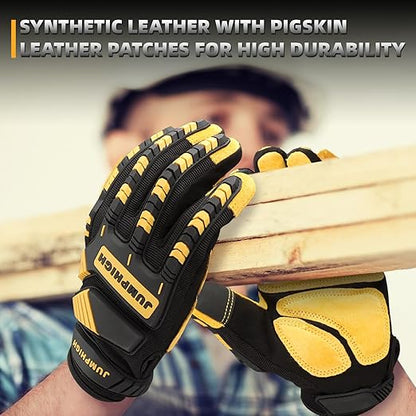 JUMPHIGH Work Gloves for Men, Heavy Ducty TPR Protector Impact Gloves, Anti Vibration, Abrasion Resistance, Flex Grip, Touch Screen (M)