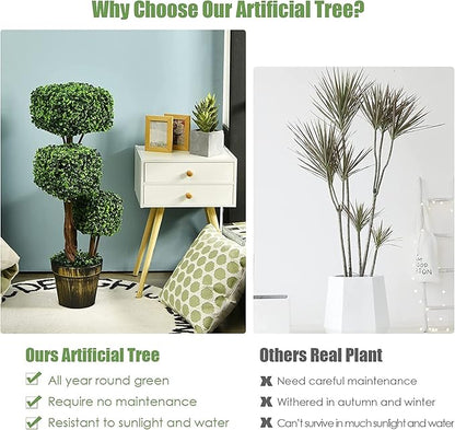 Goplus 36” 2 Pack Artificial Triple Square Shaped Boxwood Topiary Tree W/Cement-Filled Plastic Pot, Fake Plant Faux Greenery Plant Indoor & Outdoor Decoration for Home Office Garden Patio Entrance