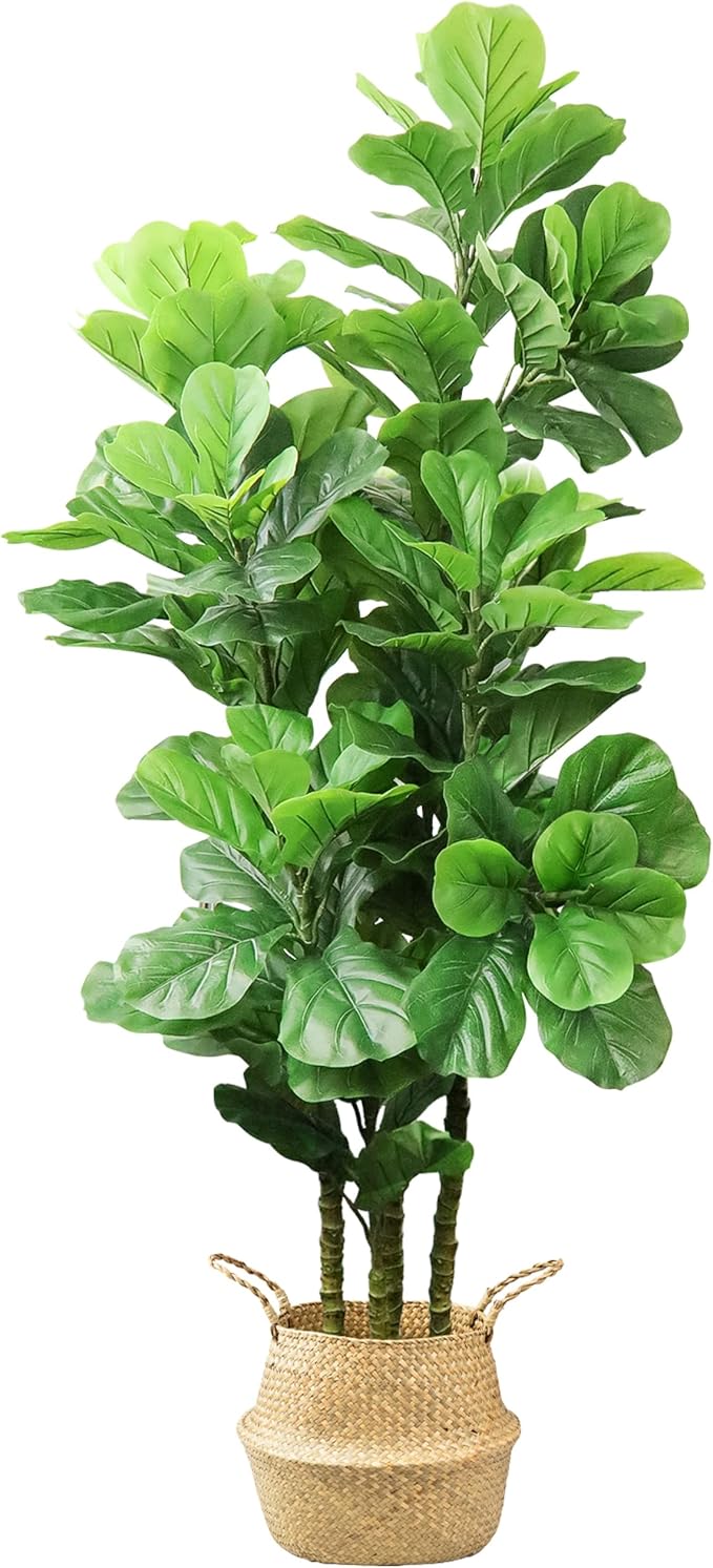 LOVMOR 6ft Artificial Tree Indoor with Woven Seagrass Plant Basket, Artificial Fiddle Leaf Fig Tree Fake Tree Faux Plant Indoor for Living Room Office Floor Home Decor (70 in)