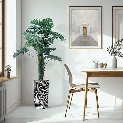 Artificial Tree in Modern Geometric Pattern Planter, Fake Philodendron Tree Silk Tree for Indoor and Outdoor Home Decoration - 70" Overall Tall (Plant Pot Plus Tree)