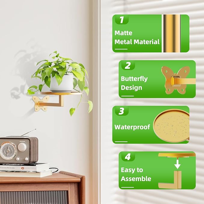 Wall Mounted Plant Holder - Butterfly Metal Hanging Shelf for Indoor Plants Succulents Flowers Decor Sturdy Wall-Mounted Storage for Bedroom Living Room Bathroom Space-Saving Home Organizer 2-Pack Gold