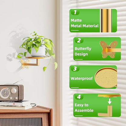 Wall Mounted Plant Holder - Butterfly Metal Hanging Shelf for Indoor Plants Succulents Flowers Decor Sturdy Wall-Mounted Storage for Bedroom Living Room Bathroom Space-Saving Home Organizer 2-Pack Gold