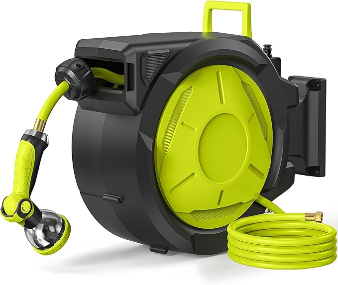 Retractable Garden Hose Reel 65ft Heavy Duty Wall Mounted Hose Holder with Automatic Rewind 180 Degree Swivel Bracket 10 Pattern Nozzle Durable PVC Hose for Yard Lawn Car Watering Cleaning