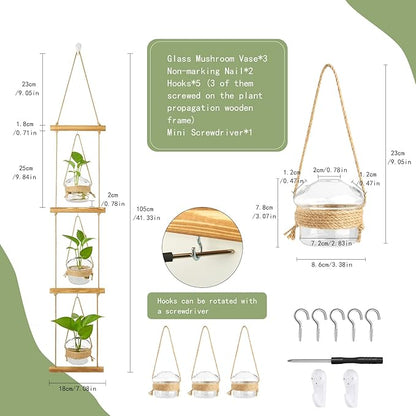XXXFLOWER 3 Tiers Mushroom Glass Vase Wall Planter Hydroponic Propagation Station with Hanging Herb Cuttings Vase for Hydroponic Plant Decor for Living Room Indoor Outdoor Multi-Space