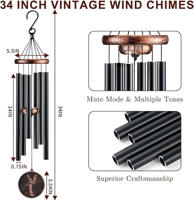 Wind Chimes for Outside, Vintage Angel Deep Tone Wind Chime Outdoor Clearance, Memorial/Festivals/Birthday Gift for Mom Dad Women Grandma, Home Garden Patio Decor (34" Angel)