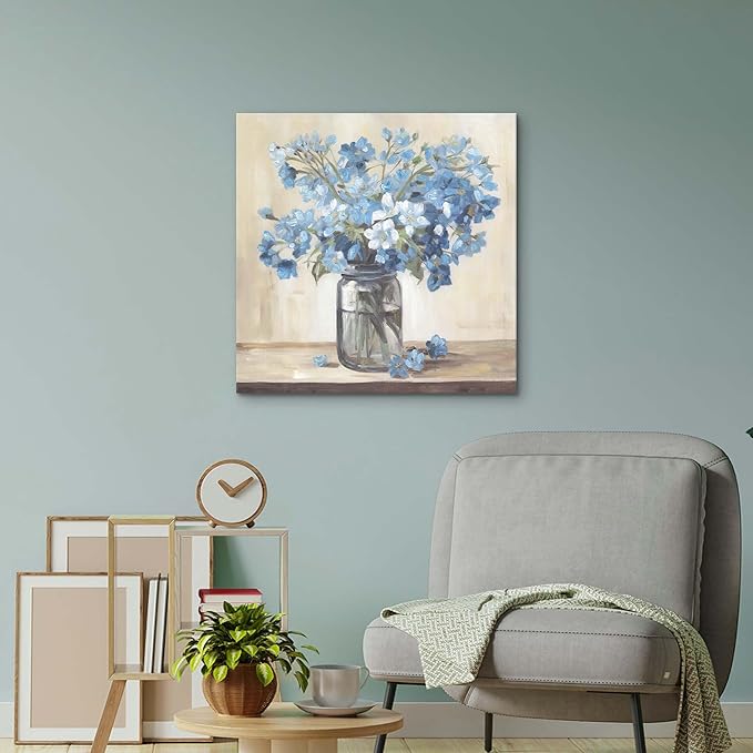 ArtSquare Blue Flower Pictures Wall Decor - Modern Floral Canvas Art Blossom in Vase Artwork Print for Living Room Bathroom 24x24 Inch