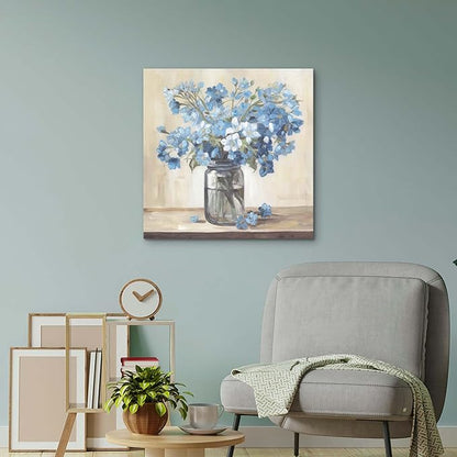 ArtSquare Blue Flower Pictures Wall Decor - Modern Floral Canvas Art Blossom in Vase Artwork Print for Living Room Bathroom 24x24 Inch