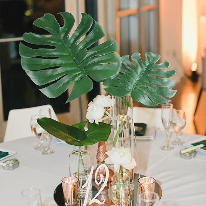Artificial Monstera Leaves with Long Stem,Fake Tropical Palm Leaves for Hawaiian Luau Jungle Party Home Wedding Decor (6pcs Medium)