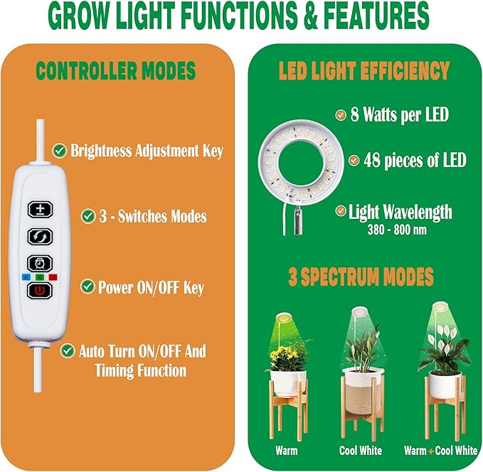 ZPirates Wood Plant Stand with Built-in Grow Lights - Extendable to Fit Small-Large Single Planter Pot - Auto Timer, Dimmable - (Pot and Plant Not Included)