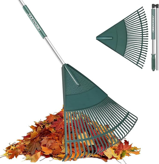 ORIENTOOLS Garden Leaf Rake, Garden Rakes for Lawns Leaves with 65.7" Foldable Handle Rake, 26 Strong Tines Plastic Head Shrub Rake, Yard Garden Rake for Lawns, Grass, Flower Beds Leaves Cleaning