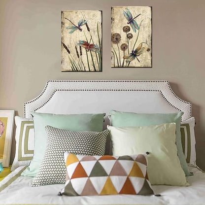 KLVOS Dragonfly Canvas Wall Art Decor Vintage Insect Dragonflies Dandelion Picture Print on Canvas Modern Animal Artwork Framed for Bedroom Bathoom Ready To Hang